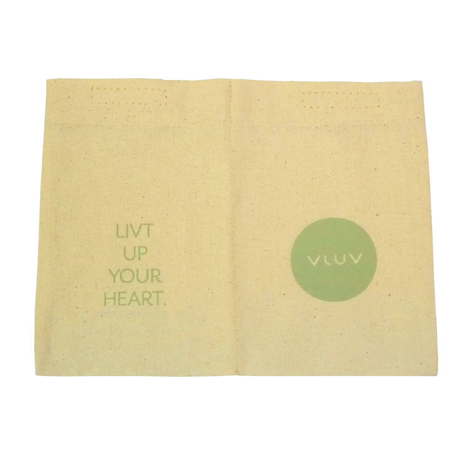 Beige Stofftasche mit grünem Logo und Text: 'LIVT UP YOUR HEART.'